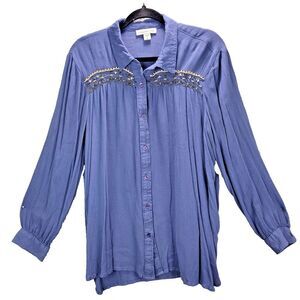 Coldwater Creek Floreat Beaded Tunic Blouse Womens Large Blue Metallic Thread